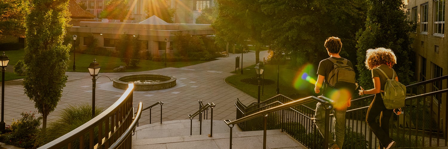 Two students walking into a college campus.